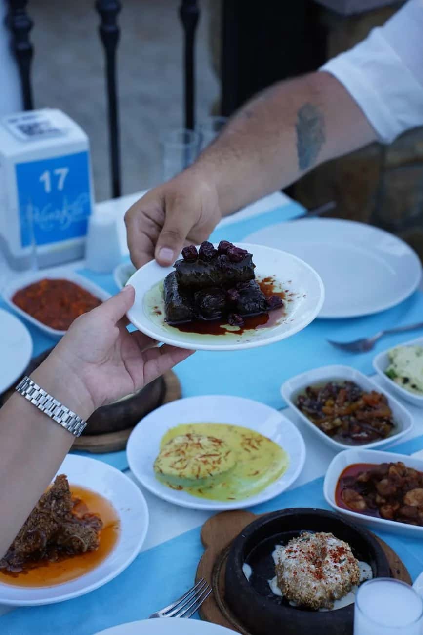 Meze turcs partagés en terrasse : feuilles de vigne, dips et petits plats